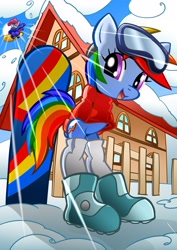 Size: 2894x4093 | Tagged: safe, artist:rainbowdashsuki, pinkie pie, rainbow dash, earth pony, pegasus, pony, semi-anthro, g4, :d, bipedal, clothes, cloud, female, goggles, goggles on head, jacket, looking at you, mare, no pants, open mouth, open smile, sky, smiling, snow, snowboard, solo, sun