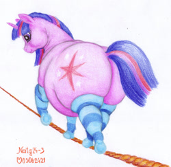 Size: 1200x1165 | Tagged: safe, artist:soobel, twilight sparkle, pony, unicorn, g4, atg 2024, butt, clothes, fat, female, horn, mare, newbie artist training grounds, obese, plot, socks, solo, striped socks, the ass was fat, traditional art, twilard sparkle, unicorn twilight