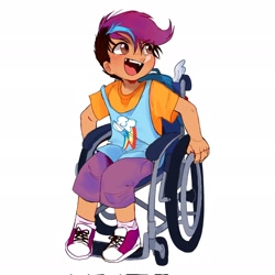 Size: 2048x2048 | Tagged: safe, artist:devideetz, scootaloo, human, g4, backpack, clothes, cutie mark on clothes, disabled, humanized, looking up, shirt, shoes, shorts, simple background, sitting, smiling, sneakers, socks, t-shirt, wheelchair, white background