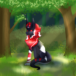 Size: 3000x3000 | Tagged: safe, artist:aasuri-art, oc, oc only, hybrid, original species, pony, animal, forest, forest background, fusion, glowing, glowing eyes, glowing mane, nature, solo, summer, sun, tree
