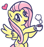 Size: 152x160 | Tagged: safe, edit, fluttershy, pegasus, pony, g4, official, coffee, doodle, female, heart, line sticker, mare, mug, no nose, open mouth, open smile, simple background, smiling, solo, steam, transparent background