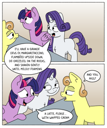 Size: 1600x1905 | Tagged: safe, artist:doodledonutart, rarity, twilight sparkle, oc, unnamed oc, alicorn, earth pony, pony, unicorn, 2 panel comic, atg 2024, comic, female, horn, mare, newbie artist training grounds, speech bubble, text, twilight sparkle (alicorn)