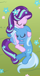 Size: 1220x2302 | Tagged: safe, artist:cstrawberrymilk, starlight glimmer, trixie, pony, unicorn, g4, cute, duo, duo female, eyes closed, female, flower, flower in hair, flower in tail, grass, horn, hug, lesbian, ship:startrix, shipping, sleeping together, tail