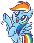 Size: 121x152 | Tagged: safe, rainbow dash, pegasus, pony, g4, official, colored, cute, dashabetes, doodle, female, good morning, japanese, line sticker, mare, motion lines, open mouth, open smile, simple background, smiling, solo, spread wings, transparent background, waving, wings
