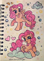 Size: 2652x3666 | Tagged: safe, artist:dariarchangel, pinkie pie, pegasus, pony, g4, cloud, female, folded wings, heart, mare, open mouth, pegasus pinkie pie, photo, race swap, sketch, smiling, solo, spread wings, traditional art, what could have been, wings