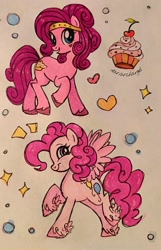 Size: 1320x2048 | Tagged: safe, artist:dariarchangel, pinkie pie, earth pony, pegasus, g4, alternate design, alternate hairstyle, cherry, cupcake, female, food, mare, pegasus pinkie pie, race swap, raised hoof, sketch, smiling, spread wings, traditional art, unshorn fetlocks, what could have been, wings