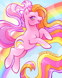 Size: 2160x2700 | Tagged: safe, artist:sparkytopia, rainbow flash, earth pony, pony, g3, female, heart, heart eyes, looking at you, mare, multicolored hair, open mouth, open smile, pink coat, rainbow, rainbow eyes, rainbow flash (g3), rainbow hair, signature, smiling, solo, super long hair pony, wingding eyes