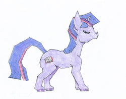 Size: 1603x1255 | Tagged: safe, artist:chronomyre, twilight sparkle, pony, unicorn, g4, alternate cutie mark, angular, atg 2024, colored pencil drawing, eyes closed, female, horn, mare, newbie artist training grounds, no mouth, shiny hooves, side view, simple background, solo, standing, traditional art, unicorn twilight, white background