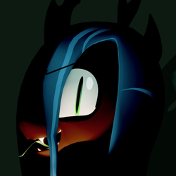 Size: 1920x1920 | Tagged: safe, artist:jeijei, queen chrysalis, changeling, changeling queen, g4, 3d, blender, blender eevee, crown, fangs, female, forked tongue, insanity, jewelry, looking at you, regalia, simple background, slit pupils, solo, tongue out