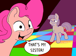 Size: 1600x1191 | Tagged: safe, alternate version, artist:doodledonutart, maud pie, pinkie pie, earth pony, pony, g4, animated, atg 2024, dance floor, dancing, dialogue, duo, duo female, female, gif, loop, mare, missing accessory, mood contrast, neutral, newbie artist training grounds, open mouth, open smile, pie sisters, siblings, sisters, smiling, speech bubble, spotlight, the club can't even handle me right now