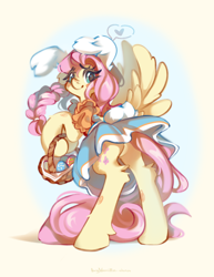 Size: 3232x4183 | Tagged: safe, artist:vanilla-chan, fluttershy, pegasus, pony, g4, abstract background, basket, bipedal, blushing, braid, bunny ears, butt, clothes, dress, easter, easter basket, easter egg, featureless crotch, female, fetlock tuft, high res, holiday, looking at you, looking back, looking back at you, mare, plot, rear view, rearing, solo, spread wings, wings