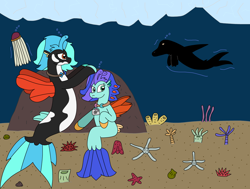 Size: 3132x2373 | Tagged: safe, artist:supahdonarudo, oc, oc only, oc:icebeak, oc:sea lilly, jellyfish, seapony (g4), starfish, atg 2024, bubble, camera, coral, dorsal fin, fin, fin wings, fins, fish tail, flowing mane, flowing tail, hiding, ice, jewelry, necklace, newbie artist training grounds, ocean, rock, sea monster, sea urchin, seashell, silhouette, swimming, tail, underwater, water, wings