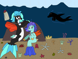 Size: 3132x2373 | Tagged: safe, artist:supahdonarudo, oc, oc only, oc:icebeak, oc:sea lilly, jellyfish, seapony (g4), starfish, atg 2024, camera, hiding, ice, jewelry, necklace, newbie artist training grounds, ocean, rock, sea monster, sea urchin, silhouette, underwater, water