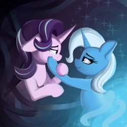 Size: 3000x3000 | Tagged: safe, artist:andelai, starlight glimmer, trixie, pony, unicorn, g4, comforting, crying, duo, duo female, female, high res, hoof hold, horn, lesbian, looking at each other, looking at someone, mare, sad, ship:startrix, shipping