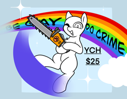Size: 1348x1048 | Tagged: safe, artist:bluemoon, oc, pony, chainsaw, commission, gay, gay pride flag, lgbt, lgbtq, male, one eye closed, pride, pride flag, pride month, rainbow, solo, wink, ych example, your character here
