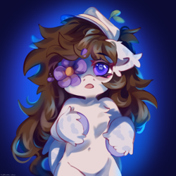 Size: 4000x4000 | Tagged: safe, artist:vanilla-chan, oc, oc only, earth pony, pony, semi-anthro, absurd resolution, belly button, chest fluff, commission, cute, ear fluff, eyebrows, eyebrows visible through hair, female, floppy ears, flower, flower in eye, hanahaki disease, hat, looking at you, mare, open mouth, skull, solo, unshorn fetlocks, wingding eyes