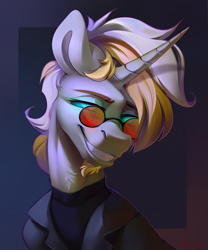Size: 2500x3000 | Tagged: safe, artist:mithriss, oc, oc only, pony, unicorn, beard, bust, clothes, facial hair, glasses, glowing, glowing eyes, horn, jacket, looking at you, male, smiling, smiling at you, stallion, turtleneck