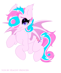 Size: 2100x2500 | Tagged: source needed, safe, artist:peachy princess, oc, oc only, oc:sweetie swirl, bat pony, bat pony oc, bat wings, commission, eyelashes, eyeshadow, femboy, hair over one eye, makeup, male, multicolored hair, simple background, solo, white background, wings, ych result