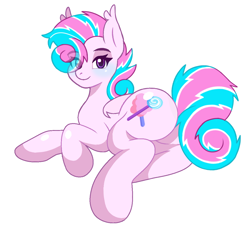 Size: 1192x1103 | Tagged: source needed, safe, artist:pankake, oc, oc only, oc:sweetie swirl, bat pony, bat pony oc, blue blush, blushing, butt, ear fluff, femboy, hair over one eye, looking at you, looking back, lying down, male, multicolored hair, on side, plot, simple background, solo, white background