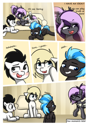 Size: 1400x2000 | Tagged: safe, artist:vipy, oc, oc only, oc:nightwalker, oc:nimbus, oc:vipy, oc:whiteout, earth pony, pegasus, pony, comic:dare after dare, blushing, bottle, bow, comic, couch, fangs, female, hair bow, lying down, male, mare, part of a series, ponytail, simple background, sitting, stallion, truth or dare