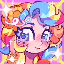 Size: 2000x2000 | Tagged: safe, artist:applepums, oc, oc only, unnamed oc, human, abstract background, blue eyelashes, blush scribble, blushing, commission, female, high res, humanized, humanized oc, icon, light skin, long hair, looking back, multicolored hair, profile picture, shiny hair, smiling, solo, sparkles, starry eyes, wingding eyes