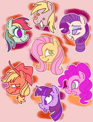Size: 1129x1478 | Tagged: safe, artist:chipchapp, applejack, derpy hooves, fluttershy, pinkie pie, rainbow dash, rarity, twilight sparkle, earth pony, pegasus, pony, unicorn, g4, :o, applejack's hat, blue eyeshadow, blushing, cowboy hat, dot eyes, eyelashes, eyeshadow, female, group, hat, head only, horn, lesbian pride flag, lidded eyes, looking back, makeup, mane six, mare, no catchlights, no pupils, open mouth, open smile, outline, pink background, pride, pride flag, simple background, smiling, wavy mouth