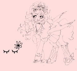 Size: 1256x1161 | Tagged: safe, artist:swollenbabyfat, oc, oc only, oc:dolly wink, bat pony, pony, bat pony oc, beehive hairdo, blouse, bracelet, brooch, clothes, curly mane, curly tail, eye clipping through hair, eyelashes, female, fishnet clothing, fishnet stockings, flower, flower in hair, frilly, hoof shoes, jewelry, long mane, looking away, mare, monochrome, necklace, open mouth, open smile, partially open wings, pink background, simple background, sketch, skirt, smiling, solo, standing, stockings, tail, thigh highs, wings