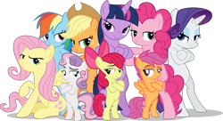 Size: 4811x2615 | Tagged: safe, artist:terrebonnerobbi, apple bloom, applejack, fluttershy, pinkie pie, rainbow dash, rarity, scootaloo, sweetie belle, twilight sparkle, alicorn, earth pony, pegasus, unicorn, g4, female, fresh princess and friends' poses, fresh princess of friendship, horn, mane six, simple background, transparent background, twilight sparkle (alicorn)