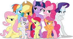 Size: 4811x2615 | Tagged: safe, artist:kuren247, artist:terrebonnerobbi, apple bloom, applejack, fluttershy, pinkie pie, rainbow dash, rarity, scootaloo, sweetie belle, twilight sparkle, alicorn, earth pony, pegasus, pony, unicorn, g4, bipedal, female, fresh princess and friends' poses, fresh princess of friendship, horn, mane six, simple background, transparent background, twilight sparkle (alicorn)