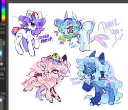 Size: 903x777 | Tagged: safe, artist:yuch42023, oc, oc only, oc:cough syrup, oc:moon bloop, oc:ponny, oc:sea weed, frog, hybrid, pegasus, pony, unicorn, bent over, big eyes, black eyeshadow, blaze (coat marking), blue coat, blue eyelashes, blue eyes, blue hooves, blue mane, blue tail, blue text, bow, coat markings, colored ears, colored eartips, colored hooves, colored muzzle, colored pinnae, colored wings, colored wingtips, concave belly, eyelashes, eyeshadow, facial markings, female, fish tail, flower, flower in hair, folded wings, frown, hair accessory, hat, hooves, horn, hybrid oc, jelly mane, leg fluff, lidded eyes, long mane, long tail, makeup, mane accessory, mare, medibang paint, multicolored eyes, multicolored hooves, multicolored mane, multicolored wings, nurse, nurse hat, open mouth, open smile, pegasus oc, pink bow, pink coat, pink eyes, ponytail, profile, purple mane, purple tail, rainbow eyes, raised hoof, raised leg, red bow, requested art, shiny hooves, shiny mane, simple background, smiling, snip (coat marking), socks (coat markings), sparkly legs, splotches, standing, star (coat marking), starry eyes, starry legs, starry wings, tail, tail bow, tall ears, text, thin legs, three toned mane, three toned wings, tied mane, transparent wings, tri-color mane, tri-colored mane, tricolor mane, two toned tail, unicorn horn, unicorn oc, wall of tags, white background, white coat, white tail, wingding eyes, wings