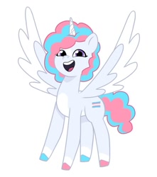 Size: 640x725 | Tagged: safe, artist:jazzhooves, oc, oc only, unnamed oc, alicorn, pony, g5, my little pony: tell your tale, alicorn oc, blaze (coat marking), coat markings, colored hooves, colored wings, facial markings, female, horn, open mouth, open smile, pride, pride flag, simple background, smiling, socks (coat markings), solo, spread wings, transgender pride flag, white background, wings