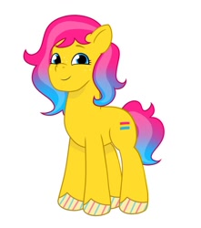 Size: 640x725 | Tagged: safe, artist:jazzhooves, oc, oc only, unnamed oc, earth pony, pony, g5, my little pony: tell your tale, colored hooves, earth pony oc, female, gradient mane, pansexual pride flag, pride, pride flag, simple background, smiling, solo, white background