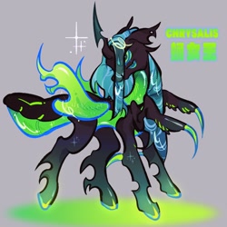 Size: 1572x1570 | Tagged: safe, artist:yuch42023, queen chrysalis, changeling, changeling queen, abdomen, alternate design, black body, blue eyelashes, changeling horn, changeling wings, chinese, colored, colored hooves, colored horn, colored sclera, colored wings, female, four eyes, gradient legs, gray background, green eyes, green hooves, green sclera, green text, horn, insect wings, long horn, long mane, multiple eyes, partially open wings, pincers, profile, shiny body, shiny hooves, shiny mane, shiny wings, simple background, smiling, sparkles, sparkly body, standing, straight mane, teal mane, text, translucent mane, two toned eyes, underbelly, wings