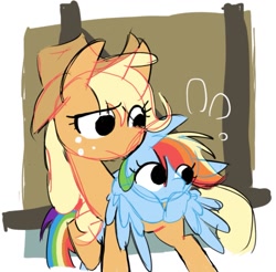 Size: 1147x1127 | Tagged: safe, artist:appledash3r_, applejack, rainbow dash, earth pony, pegasus, pony, g4, abstract background, applejack's hat, blonde mane, blonde tail, blue coat, colored, colored sketch, cowboy hat, duo, duo female, emanata, eye clipping through hair, eyelashes, female, flat colors, freckles, frown, hat, leaning on someone, lesbian, looking at someone, mare, multicolored hair, no catchlights, orange coat, plewds, rainbow hair, rainbow tail, raised hoof, ship:appledash, shipping, sketch, standing, tail, wings, wings down