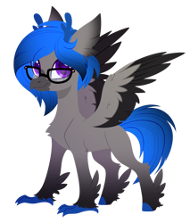 Size: 2277x2675 | Tagged: safe, artist:belka-sempai, part of a set, oc, oc only, oc:midnight wave, classical hippogriff, hippogriff, g4, antlers, classical hippogriffied, colored wings, commission, glasses, gradient ears, gradient legs, gradient mane, hippogriffied, male, simple background, smiling, solo, species swap, spread wings, transparent background, wings, ych result
