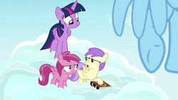 Size: 1920x1080 | Tagged: safe, screencap, alula, pluto, rainbow dash, ruby pinch, twilight sparkle, alicorn, pegasus, pony, fame and misfortune, g4, book, cloud, female, filly, foal, mare, on a cloud, standing on a cloud, twilight sparkle (alicorn)