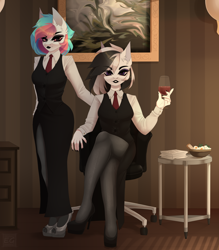 Size: 3116x3560 | Tagged: safe, artist:elektra-gertly, artist:twine, oc, oc:pomadka, pegasus, anthro, alcohol, chair, clothes, dress, duo, duo female, eyeshadow, female, food, glass, high heels, lidded eyes, lipstick, makeup, necktie, office, office chair, pantyhose, shoes, tights, wine, wine glass
