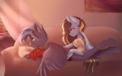 Size: 2560x1587 | Tagged: safe, artist:azemifoster, oc, oc:gioconda, oc:pixi feather, pegasus, anthro, unguligrade anthro, clothes, couch, duo, duo female, female, hooves, house, looking back, massage, pegasus oc, pillow, smiling, wings