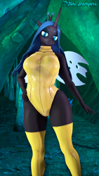 Size: 1080x1920 | Tagged: safe, artist:toniscampers, queen chrysalis, anthro, plantigrade anthro, g4, 3d, cave, clothes, female, latex, latex leotard, latex socks, latex suit, leotard, nexgen, poster, socks, solo, source filmmaker, wings, yellow leotard