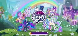 Size: 1792x828 | Tagged: safe, gameloft, princess cadance, princess celestia, princess flurry heart, princess luna, princess skystar, silverstream, alicorn, classical hippogriff, hippogriff, pony, g4, my little pony: magic princess, alicorn triarchy, cewestia, colored wings, female, filly, filly celestia, filly luna, foal, loading screen, multicolored hair, multicolored mane, multicolored tail, multicolored wings, my little pony logo, older, older flurry heart, rainbow power, spanish, tail, teenager, wings, woona, younger