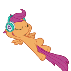 Size: 800x800 | Tagged: safe, edit, edited screencap, editor:dracoawesomeness, screencap, scootaloo, pegasus, pony, g4, sleepless in ponyville, background removed, belly, eyes closed, female, filly, foal, headphones, hooves behind head, low quality, lowres, lying down, not a vector, prone, round belly, simple background, solo, transparent background