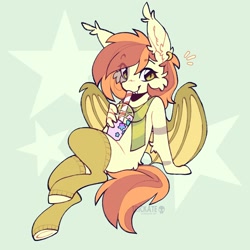 Size: 1772x1772 | Tagged: safe, artist:trickate, oc, oc only, bat pony, pony, anthro, unguligrade anthro, bat wings, clothes, commission, drink, drinking, drinking straw, hoofless socks, sitting, smoothie, socks, solo, underhoof, wings