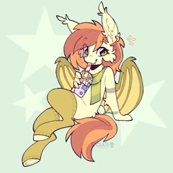 Size: 1772x1772 | Tagged: safe, artist:trickate, oc, oc only, bat pony, anthro, unguligrade anthro, bat wings, clothes, commission, drink, drinking, drinking straw, eye clipping through hair, hoofless socks, sitting, smoothie, socks, solo, underhoof, wings