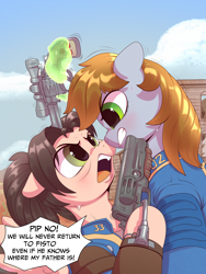 Size: 3000x4000 | Tagged: safe, artist:redvais, oc, oc only, oc:littlepip, earth pony, pegasus, pony, unicorn, fallout equestria, 10mm pistol, angry, clothes, crossover, fallout, fallout (show), female, glowing, glowing horn, gun, handgun, horn, implied fisto, jumpsuit, little macintosh, looking at each other, looking at someone, lucy maclean, magic, mare, pistol, ponified, revolver, vault suit, weapon
