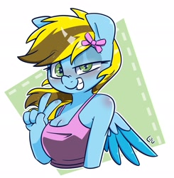 Size: 2009x2048 | Tagged: safe, artist:lou, oc, oc only, oc:lucky bolt, pegasus, anthro, bow, clothes, commission, female, hair bow, looking at you, peace sign, smiling, smiling at you, solo, tank top, ych result