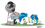 Size: 2114x1330 | Tagged: safe, artist:bobthedalek, dj pon-3, vinyl scratch, oc, oc:mixed melody, oc:octavia's mother, earth pony, pony, unicorn, g4, apron, atg 2024, basket, bipedal, clothes, crawling, duo, duo female, female, horn, laundry, mare, newbie artist training grounds, safety pin, scared, searching, simple background, sneaking, this will end in intensive mothering, white background