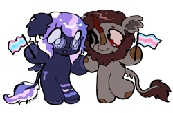 Size: 3275x2147 | Tagged: safe, artist:larvaecandy, oc, oc only, oc:fluff fablewing, oc:partisan hush, kirin, pegasus, pony, commission, duo, eye scar, facial hair, facial scar, female, glasses, holding hooves, kirin oc, nonbinary, pegasus oc, pride, pride month, pride ponies, scar, simple background, t4t, trans female, transfeminine, transfeminine pride flag, transgender, transmasculine, transmasculine pride flag, transparent background, ych result