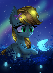 Size: 2800x3840 | Tagged: safe, artist:opal_radiance, oc, oc only, oc:lucky bolt, butterfly, pegasus, pony, bow, commission, hair bow, night, night sky, not derpy, sky, solo, starry eyes, stars, wingding eyes, ych result