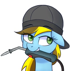 Size: 1344x1340 | Tagged: safe, artist:handgunboi, oc, oc only, oc:lucky bolt, pegasus, pony, headshot commission, simple background, solo, welding, welding cap, welding gun, white background