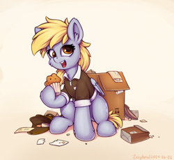 Size: 900x827 | Tagged: safe, artist:zeepheru_pone, derpy hooves, pegasus, pony, g4, atg 2024, box, clothes, cute, derpabetes, ear fluff, female, food, happy, mail, mailmare, mailmare uniform, mare, muffin, newbie artist training grounds, open mouth, open smile, package, shirt, smiling, solo